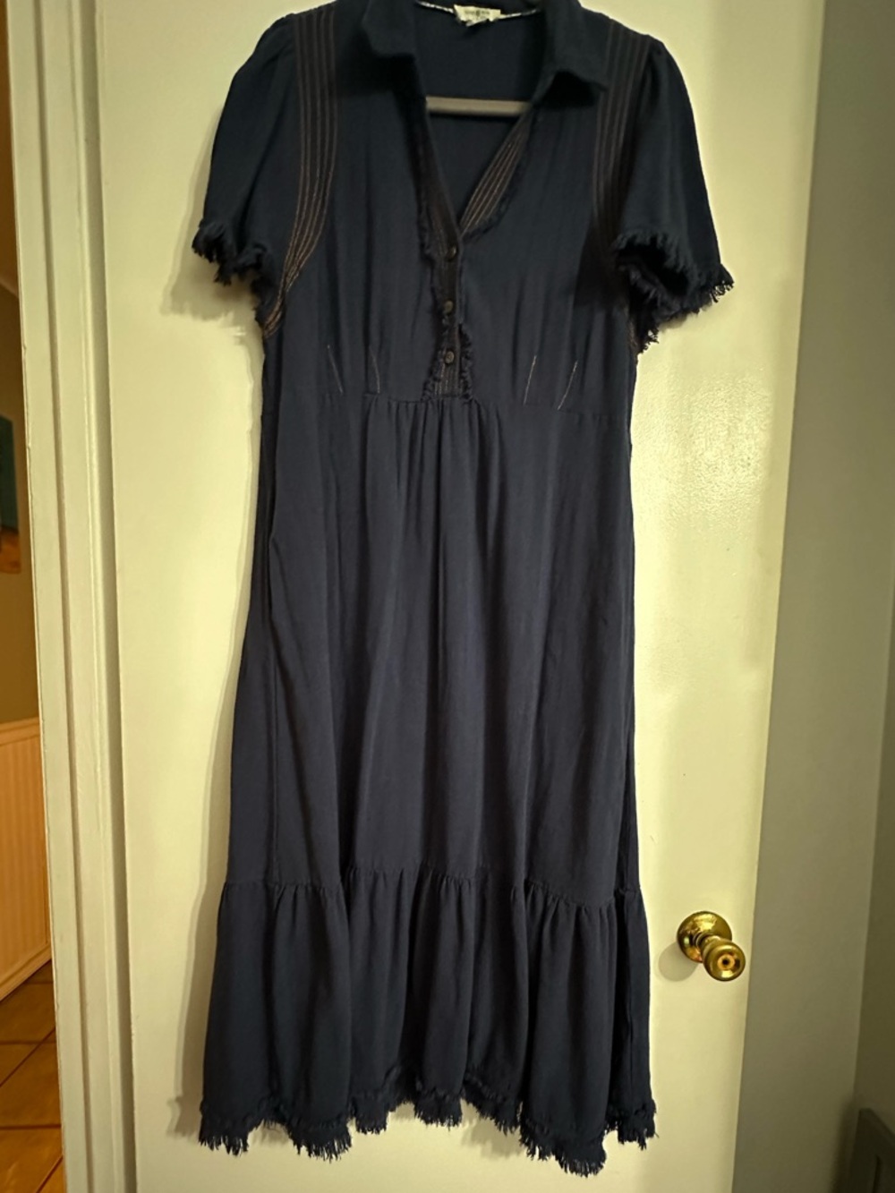 Umgee Navy Short-Sleeve Midi Dress with Fringe Detail